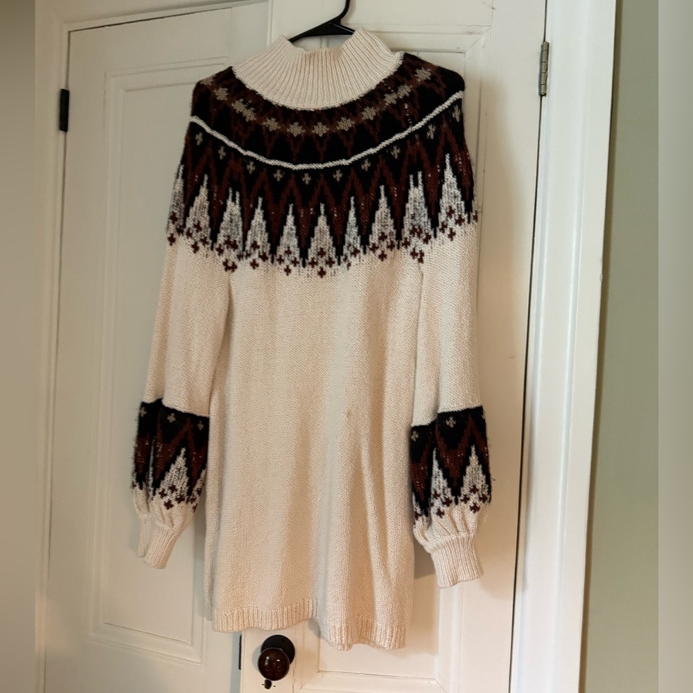 Free People Cream and Brown Geometric Long Sleeve Dress